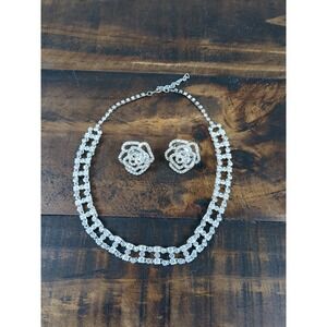 Matching Choker Necklace & Rose Clipin Earrings, Silver Tone, Rhinestones, Shiny